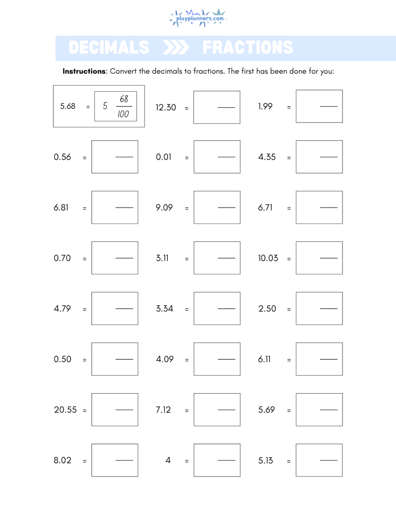 4th Grade Fractions to Decimals Worksheet - page 3