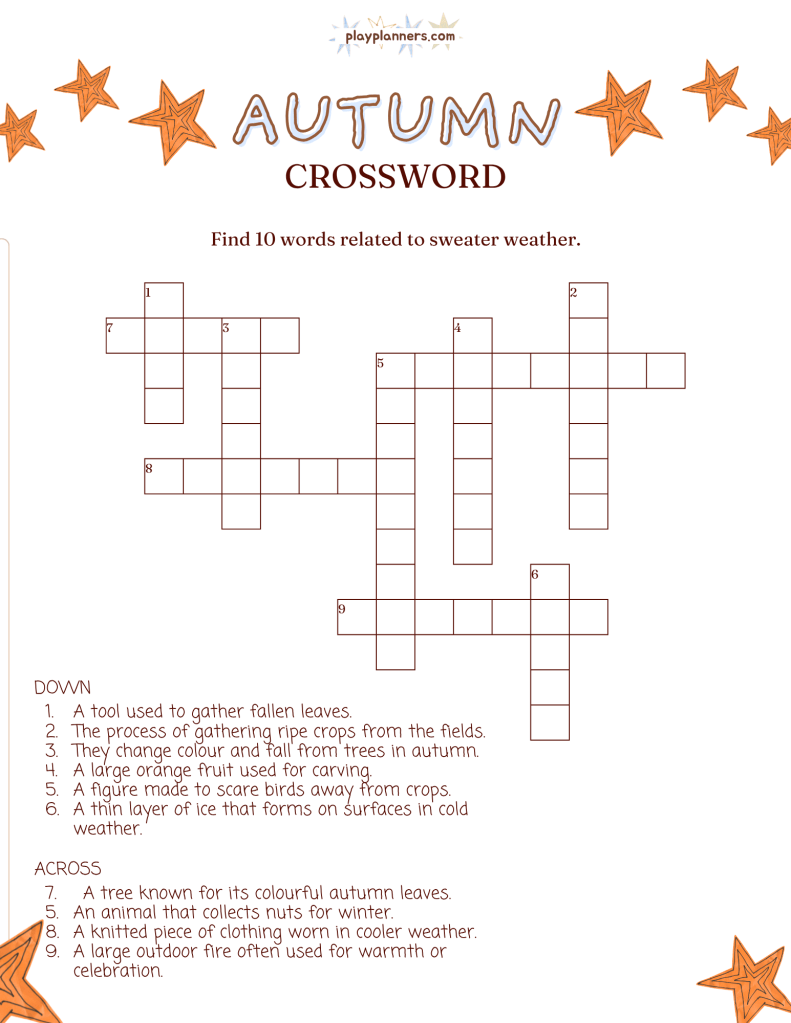 Free Fall Activity Pack for 3rd-5th Grade - Autumn Crossword puzzle page