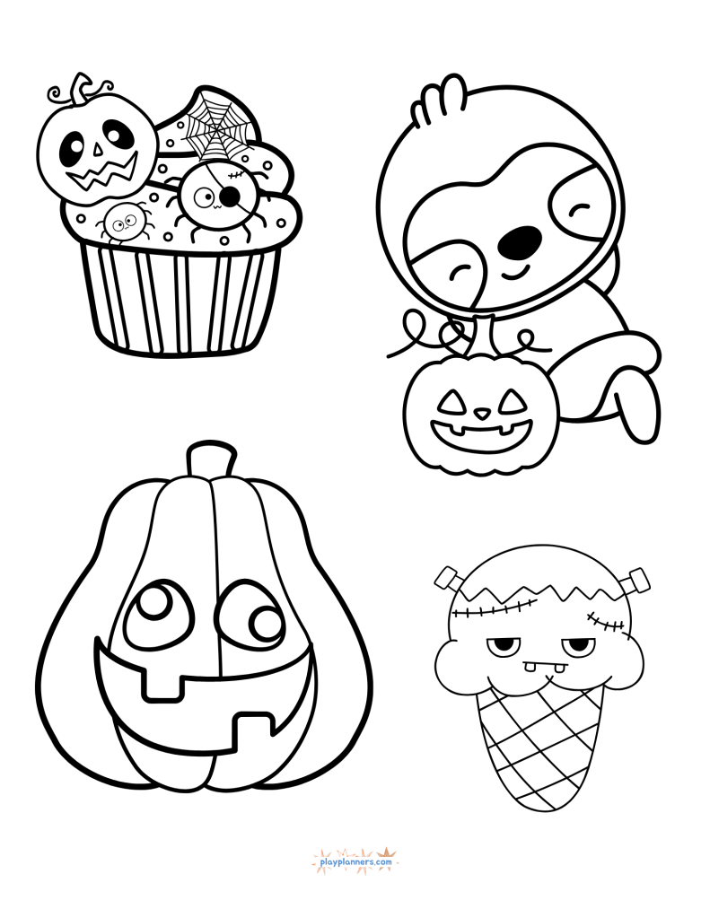 Free Halloween I Spy and Coloring Pages - Halloween treats coloring page with cupcake, penguin, pumpkin, and ice cream
