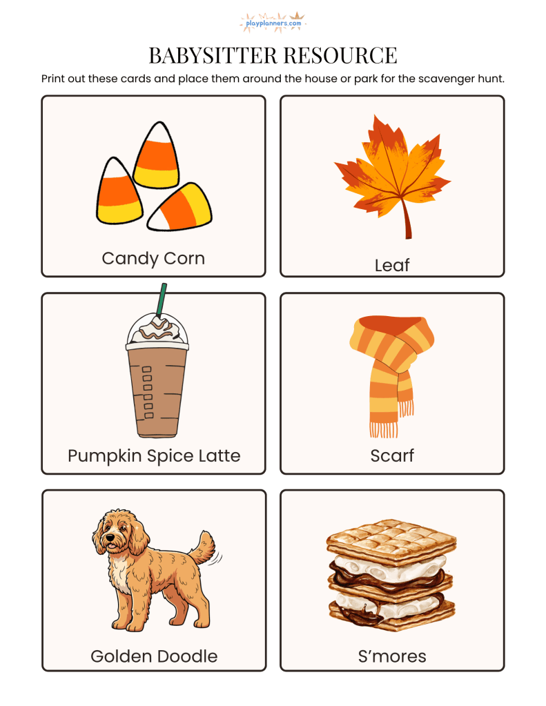 Free Fall Scavenger Hunt for Babysitters - second photo reference grid of fall items
