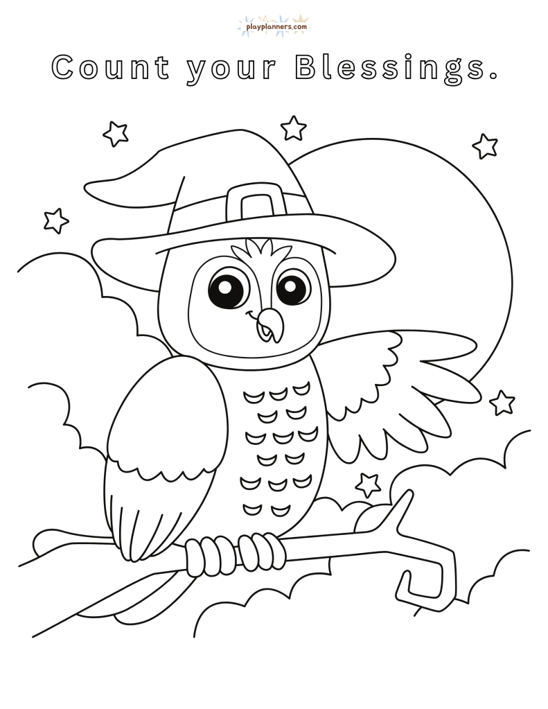 Non-scary Halloween coloring page - owl on a witch hat illustration