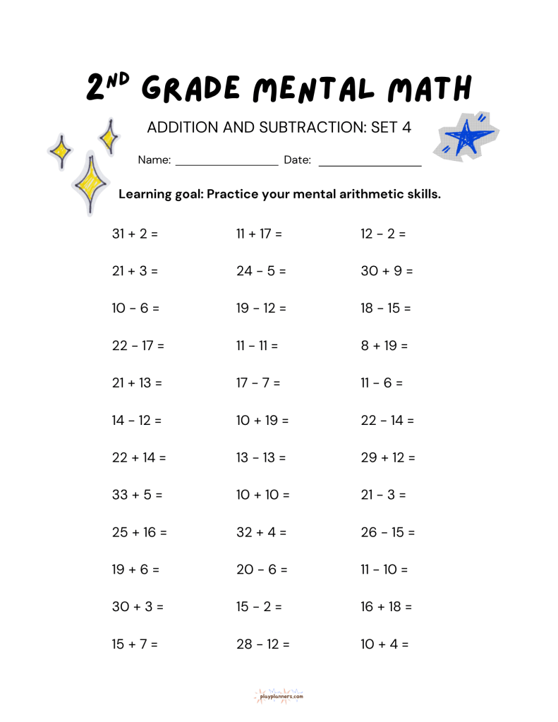 2nd Grade Mental Math Worksheets Addition and Subtraction - Set 4