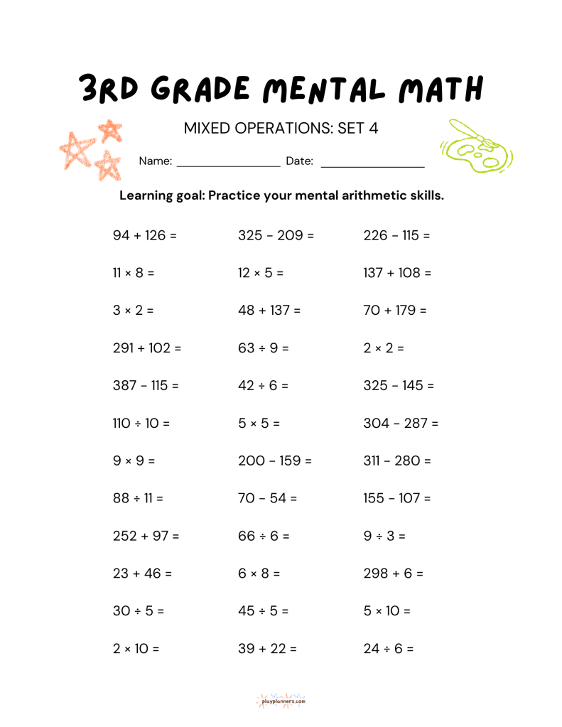 10 Free 3rd Grade Mental Math Worksheets Set 1 - Mixed Operations Set 4