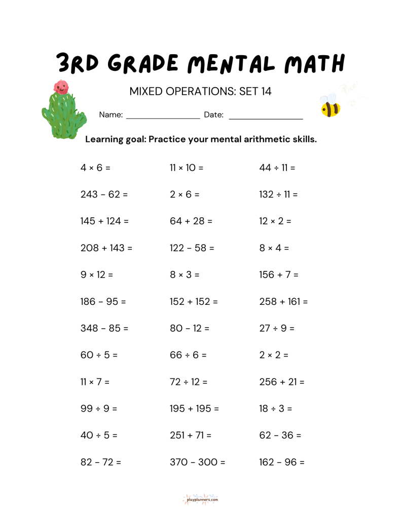 10 More 3rd Grade Mental Math Worksheets Set 2 - Mixed Operations Set 14