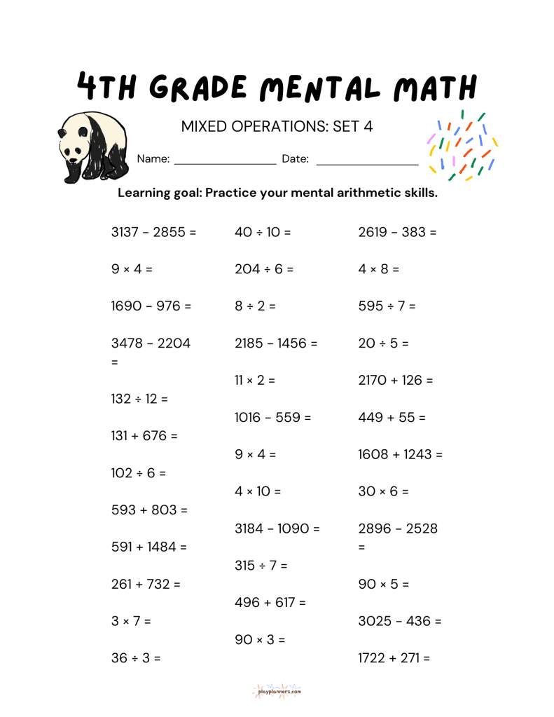 4th grade mental math worksheet, mixed operations set 4, printable practice page