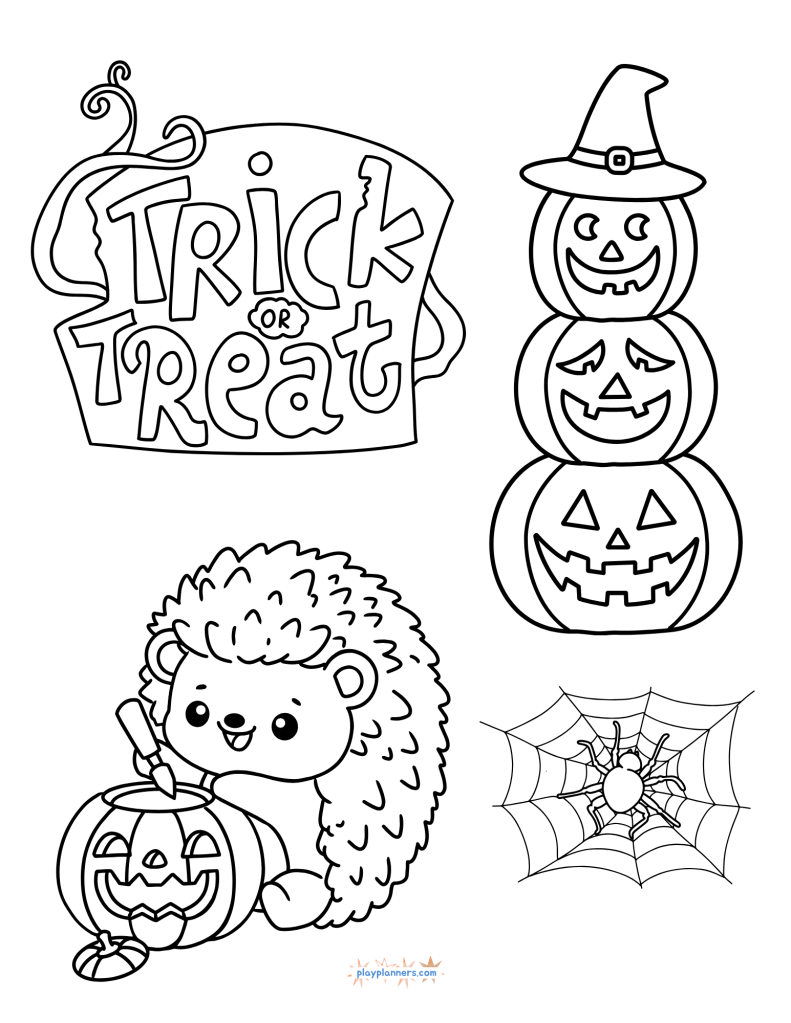 Free Halloween I Spy and Coloring Pages - Trick or Treat coloring page with pumpkins, hedgehog, and spider