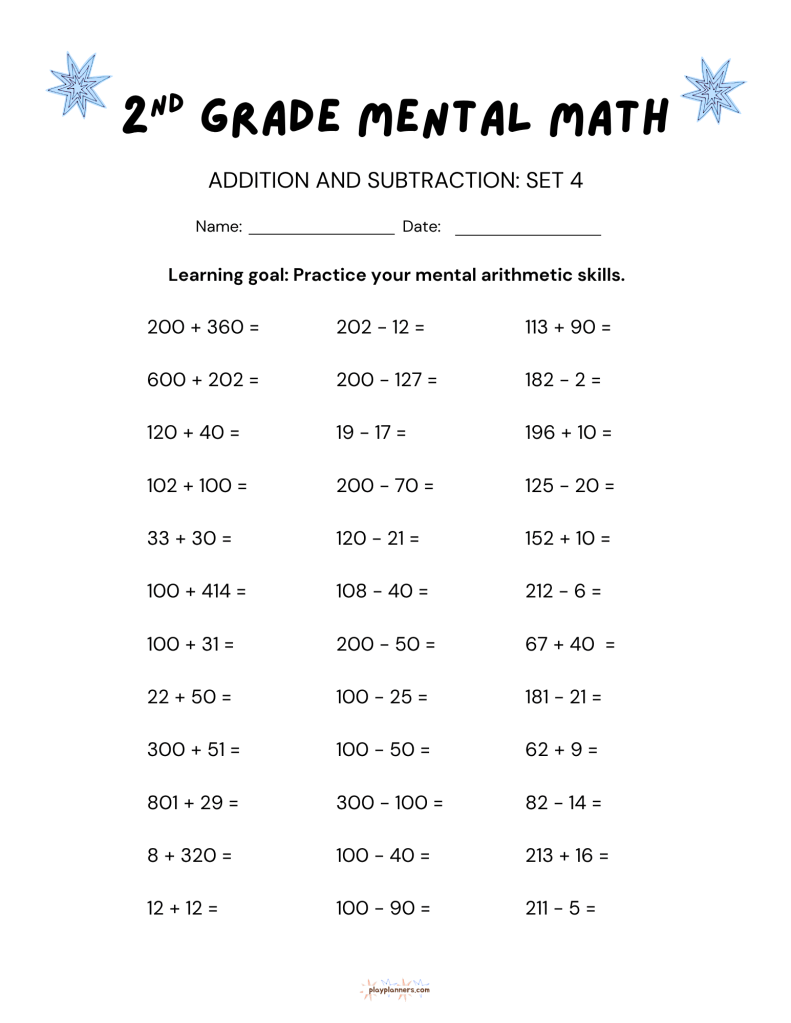 2nd Grade Mental Math Worksheets Addition and Subtraction - Worksheet 4