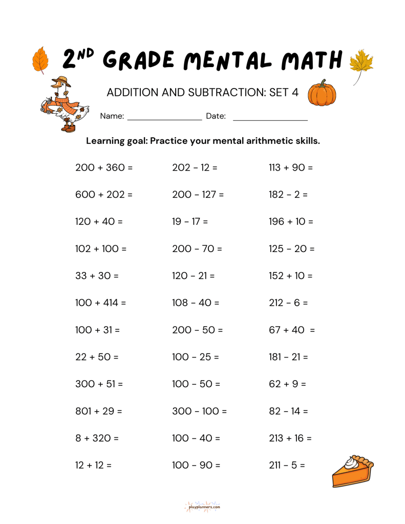Fall Mental Math Worksheets for 2nd Grade - Addition and Subtraction Worksheet 3