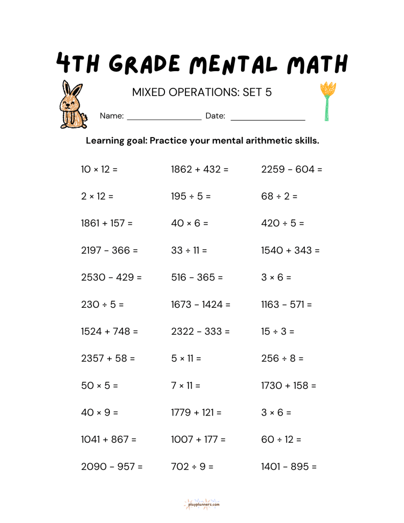4th grade mental math worksheet, mixed operations set 5, printable practice page