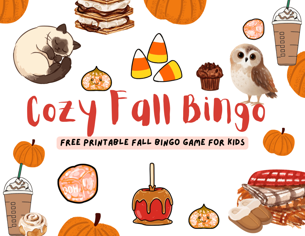 Cozy Fall Bingo free printable game cover with an owl and candy corn illustration