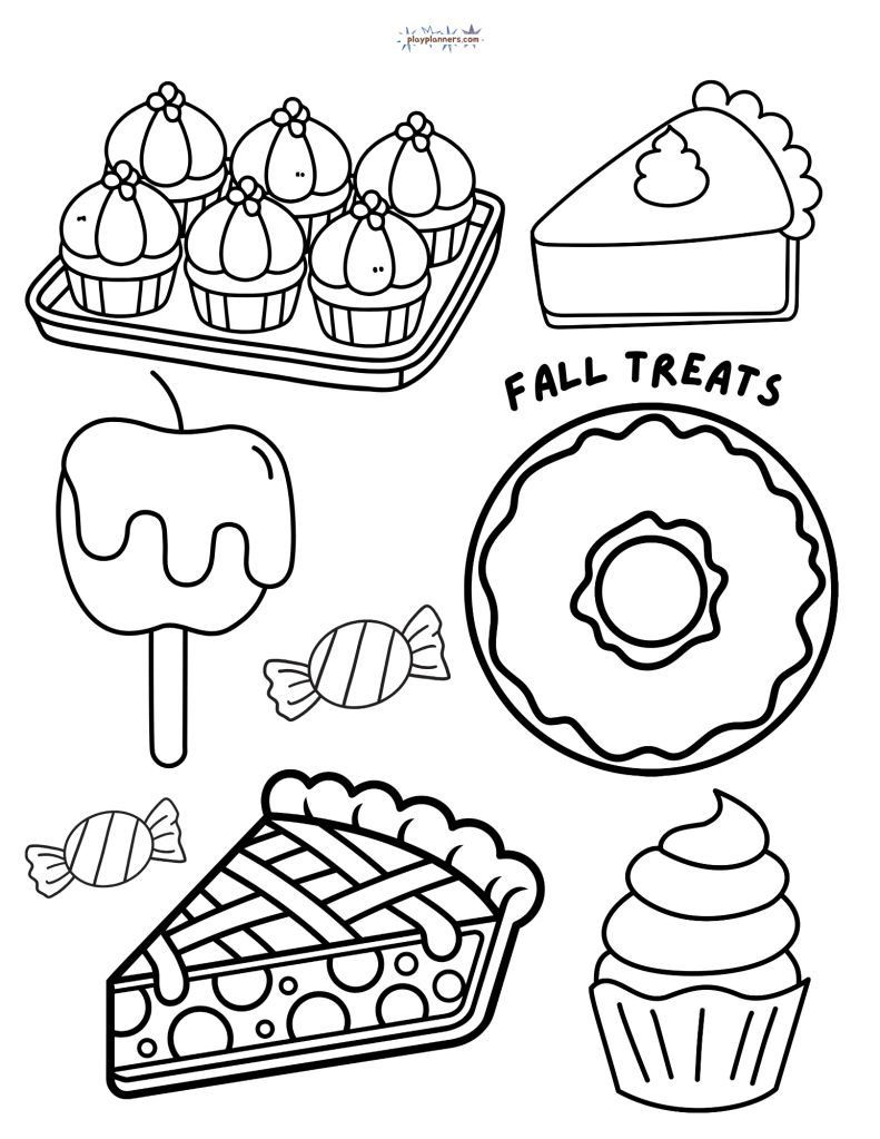 Fall Coloring Page - Fall Treats illustration with popsicle, donut, and pie
