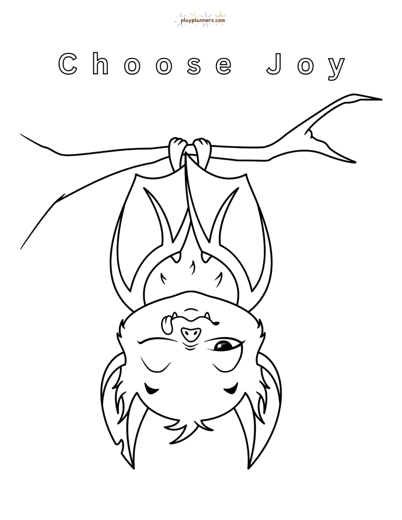 Non-scary Halloween coloring page - bat hanging from a branch illustration with 'Choose Joy' quote