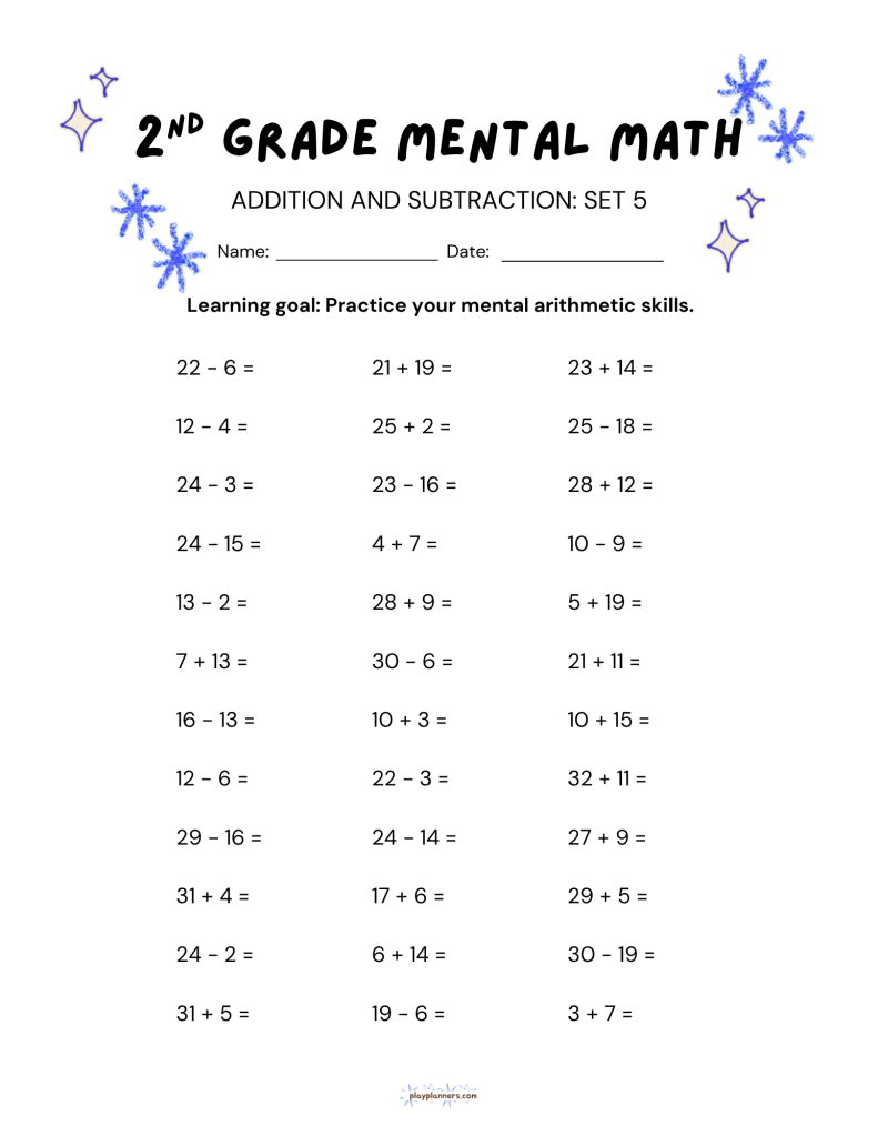 2nd Grade Mental Math Worksheets Addition and Subtraction - Set 5