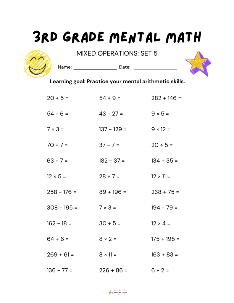 10 Free 3rd Grade Mental Math Worksheets Set 1 - Mixed Operations Set 5