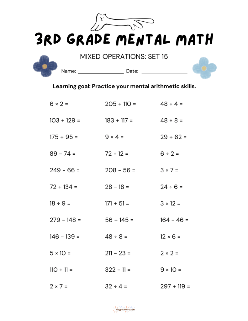 10 More 3rd Grade Mental Math Worksheets Set 2 - Mixed Operations Set 15