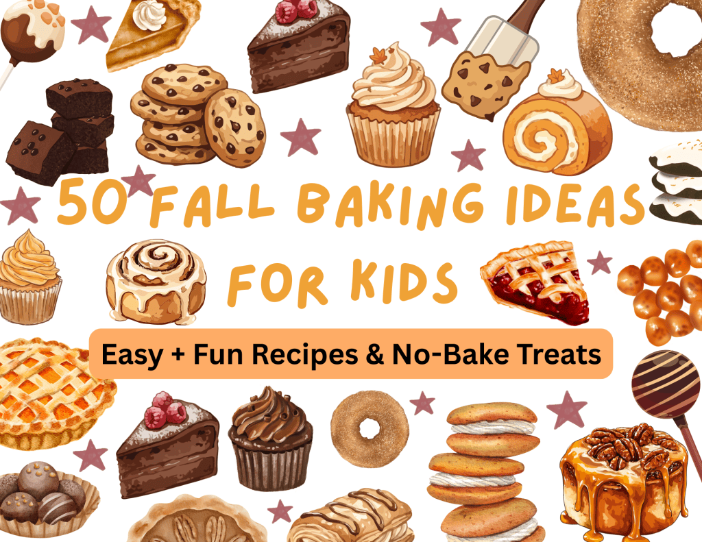 50 Fun Fall Baking Ideas for Kids cover with cupcake and pastry illustrations