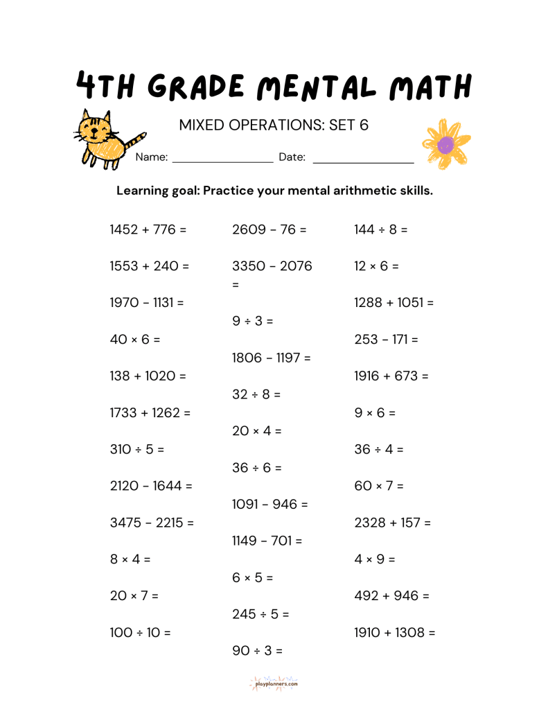 4th grade mental math worksheet, mixed operations set 6, printable practice page