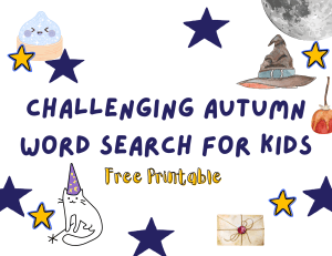 Autumn Word Search for Kids free printable cover with a night sky and stars