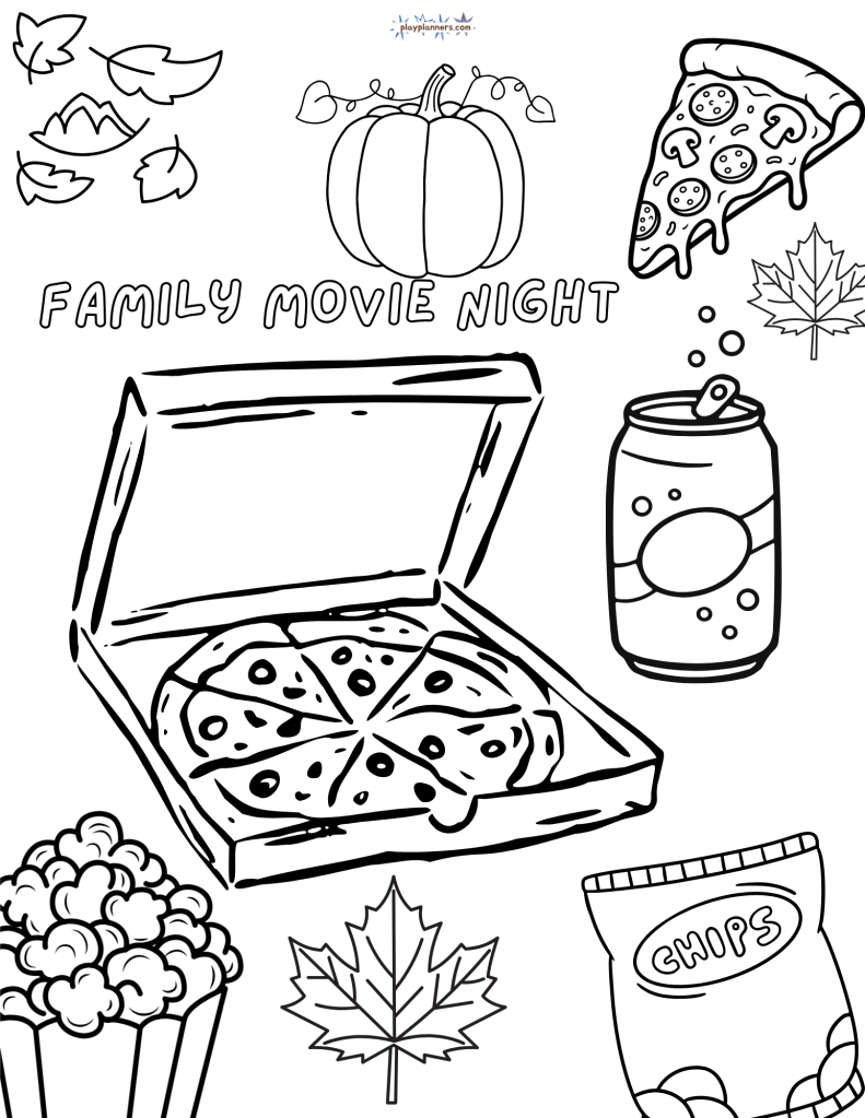 Fall Coloring Page - Family Movie Night illustration with pizza and popcorn