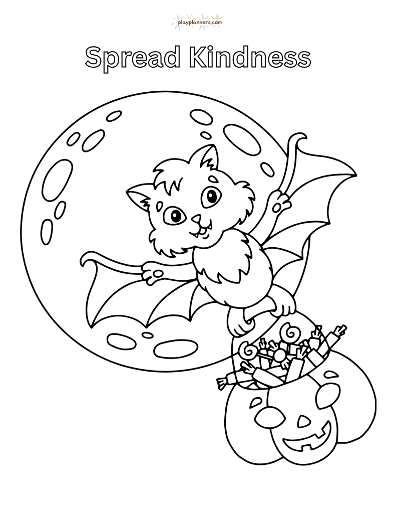 Non-scary Halloween coloring page - cat and moon illustration with 'Spread Kindness' quote