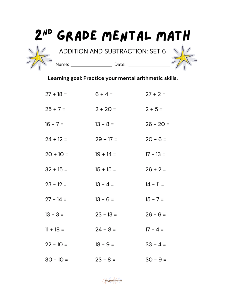 2nd Grade Mental Math Worksheets Addition and Subtraction - Set 6