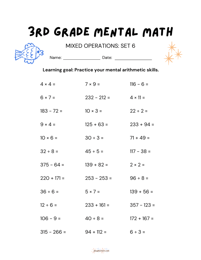 10 Free 3rd Grade Mental Math Worksheets Set 1 - Mixed Operations Set 6