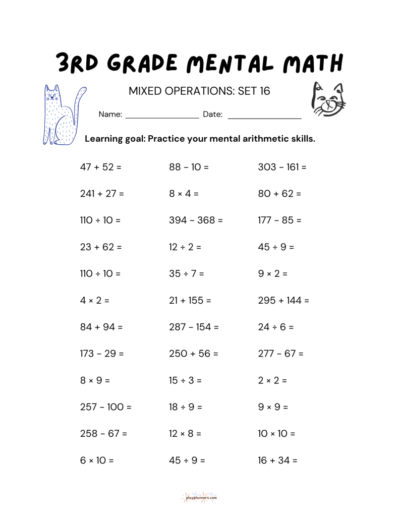 10 More 3rd Grade Mental Math Worksheets Set 2 - Mixed Operations Set 16