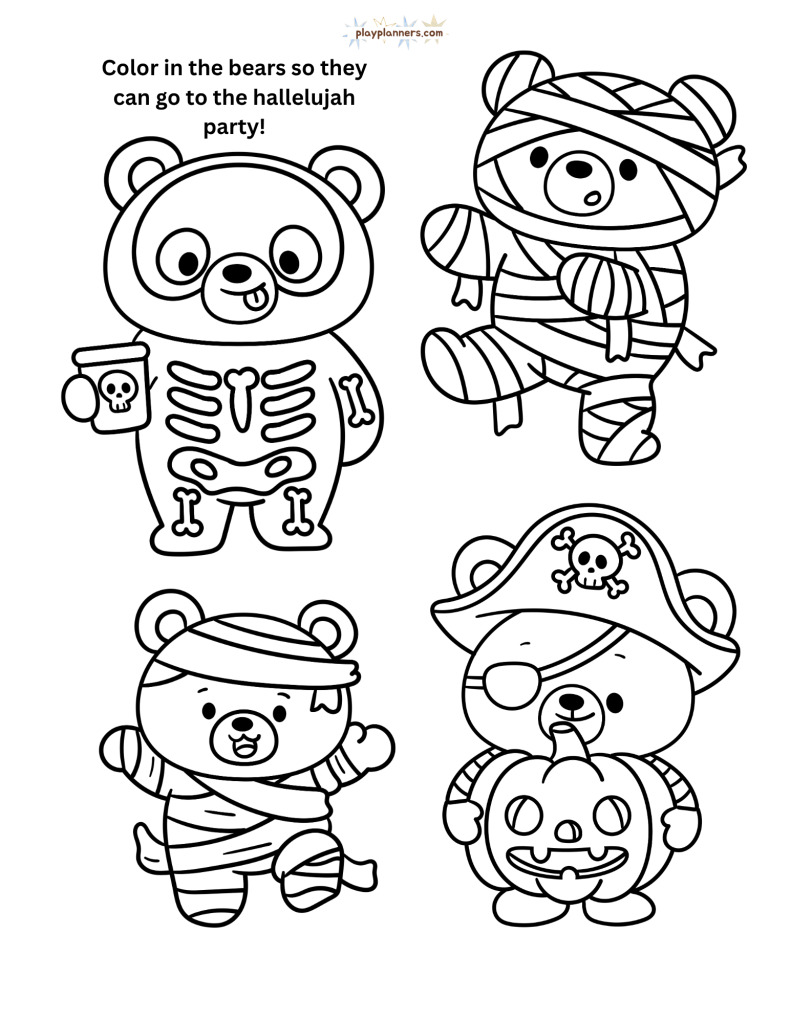 Non-scary Halloween coloring page - bear friends in mummy costumes illustration