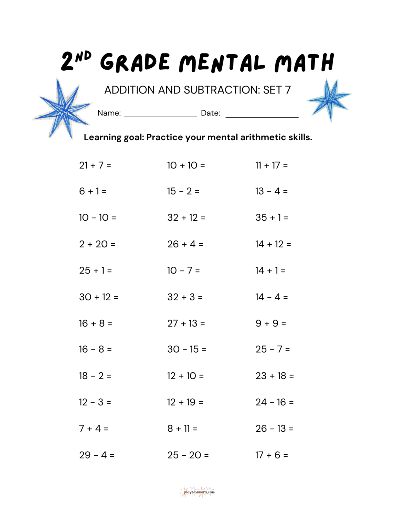 2nd Grade Mental Math Worksheets Addition and Subtraction - Set 7