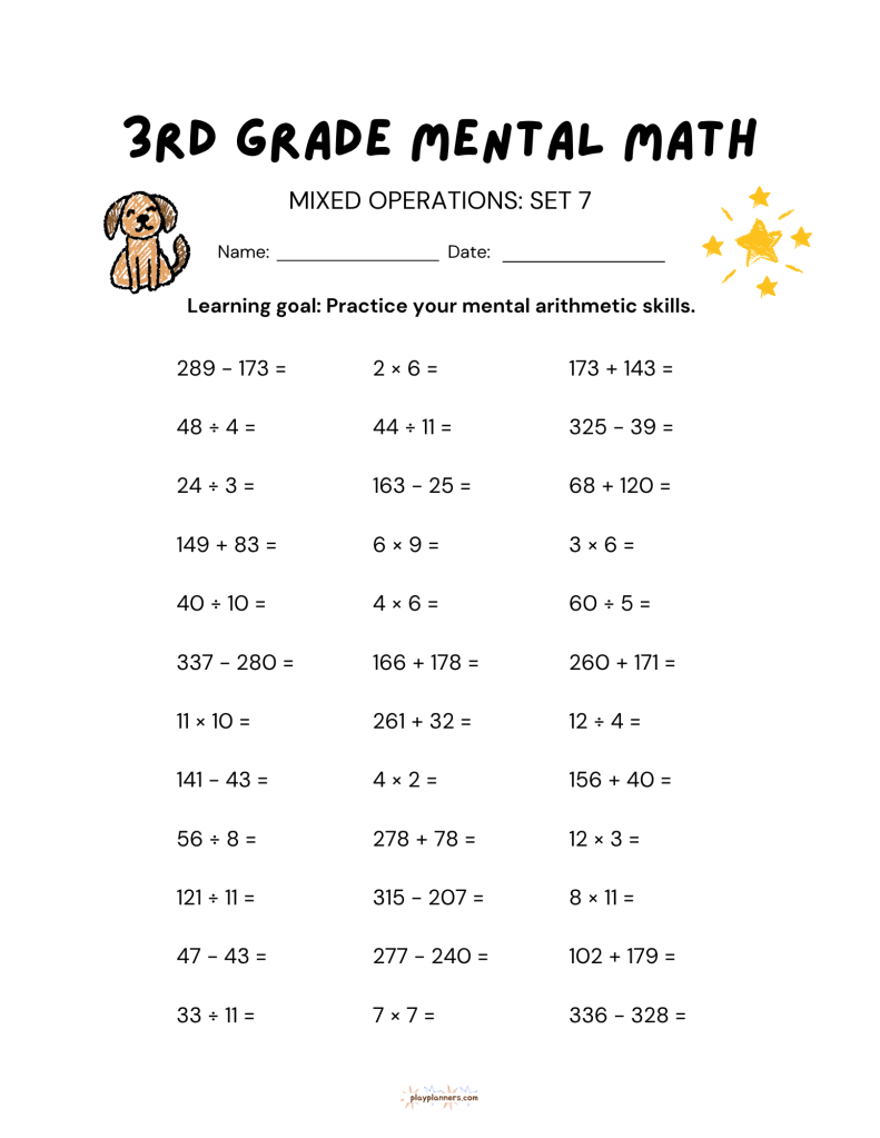10 Free 3rd Grade Mental Math Worksheets Set 1 - Mixed Operations Set 7