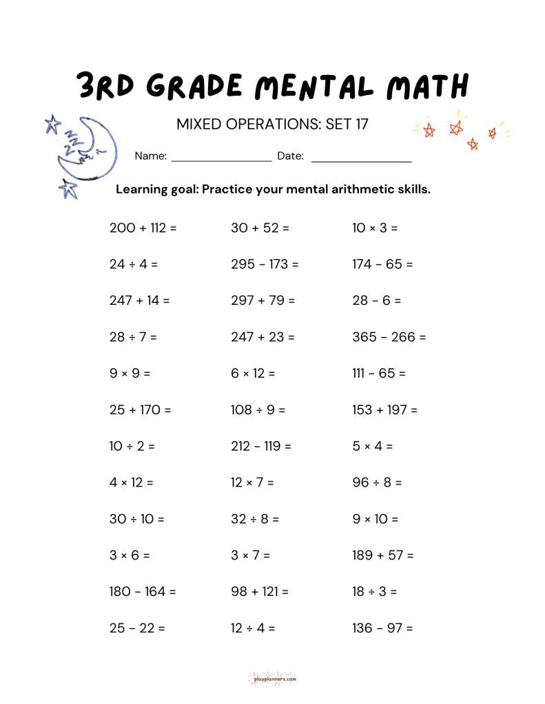 10 More 3rd Grade Mental Math Worksheets Set 2 - Mixed Operations Set 17