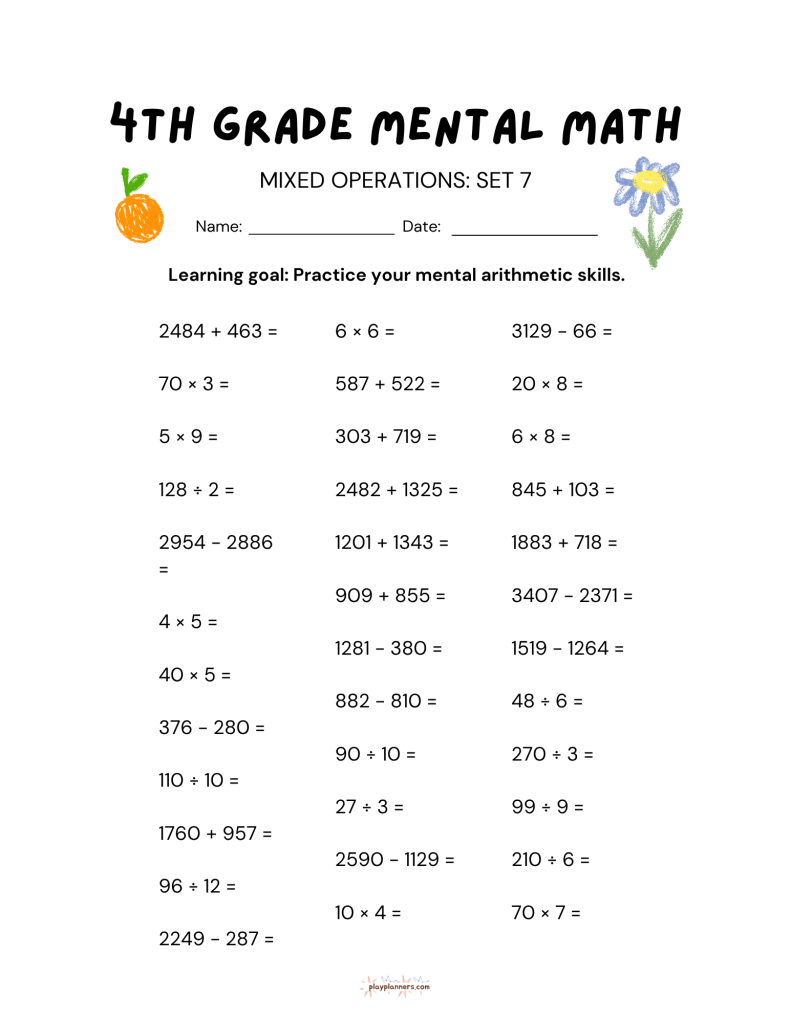 4th grade mental math worksheet, mixed operations set 7, printable practice page