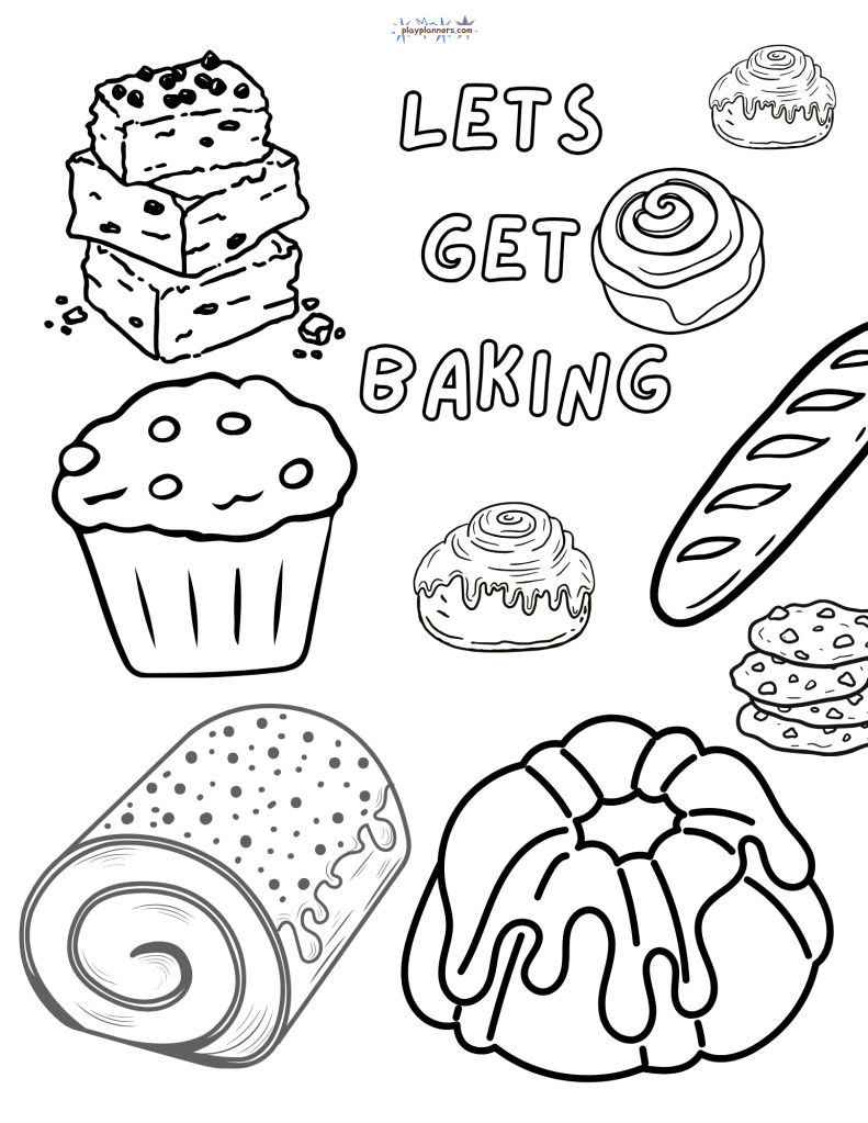 Fall Coloring Page - Let's Get Baking illustration with cakes and pastries