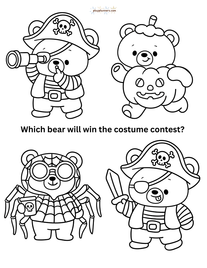 Non-scary Halloween coloring page - pirate bears illustration with 'Which bear will win the costume contest' caption