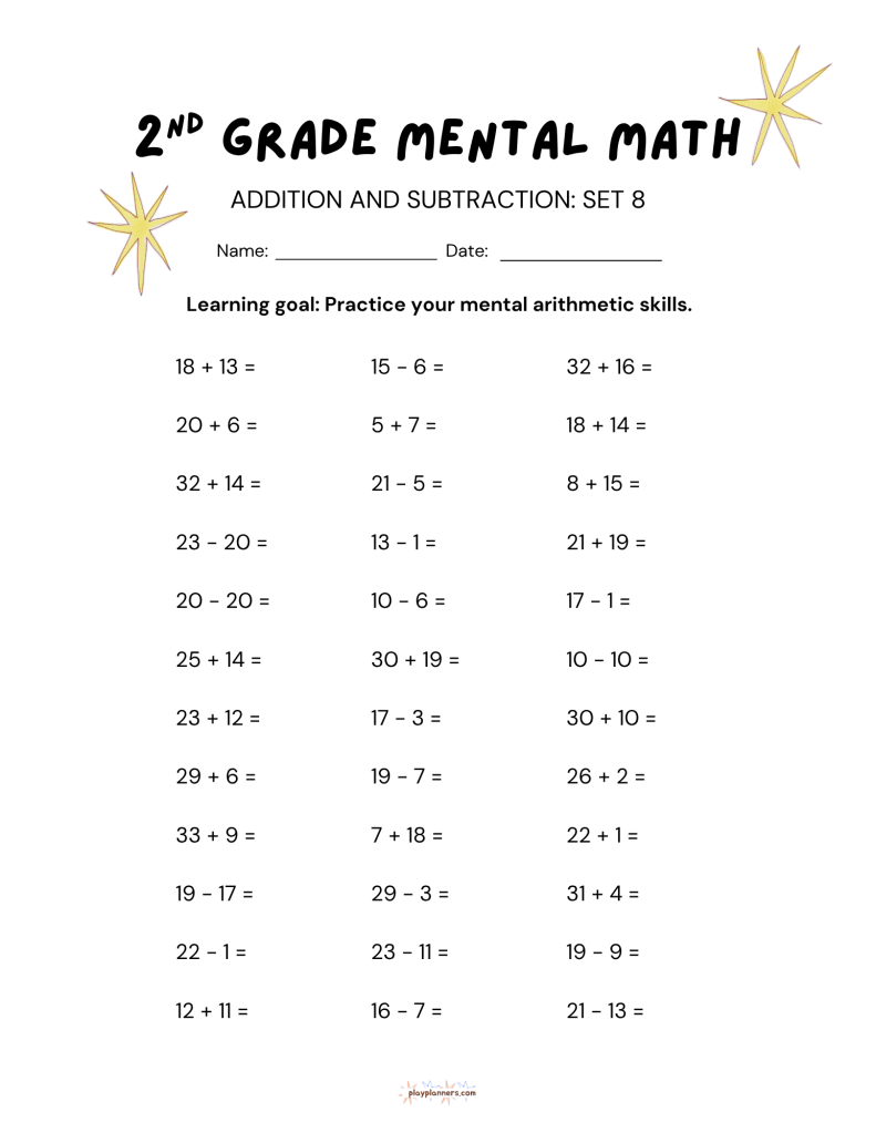 2nd Grade Mental Math Worksheets Addition and Subtraction - Set 8