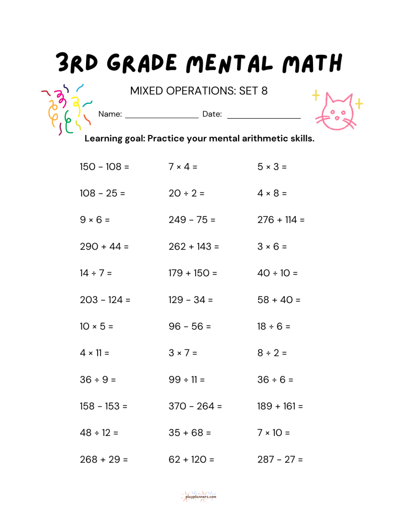 10 Free 3rd Grade Mental Math Worksheets Set 1 - Mixed Operations Set 8
