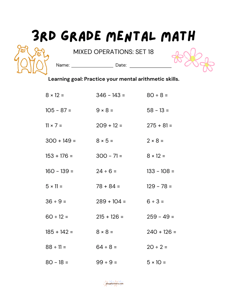 10 More 3rd Grade Mental Math Worksheets Set 2 - Mixed Operations Set 18
