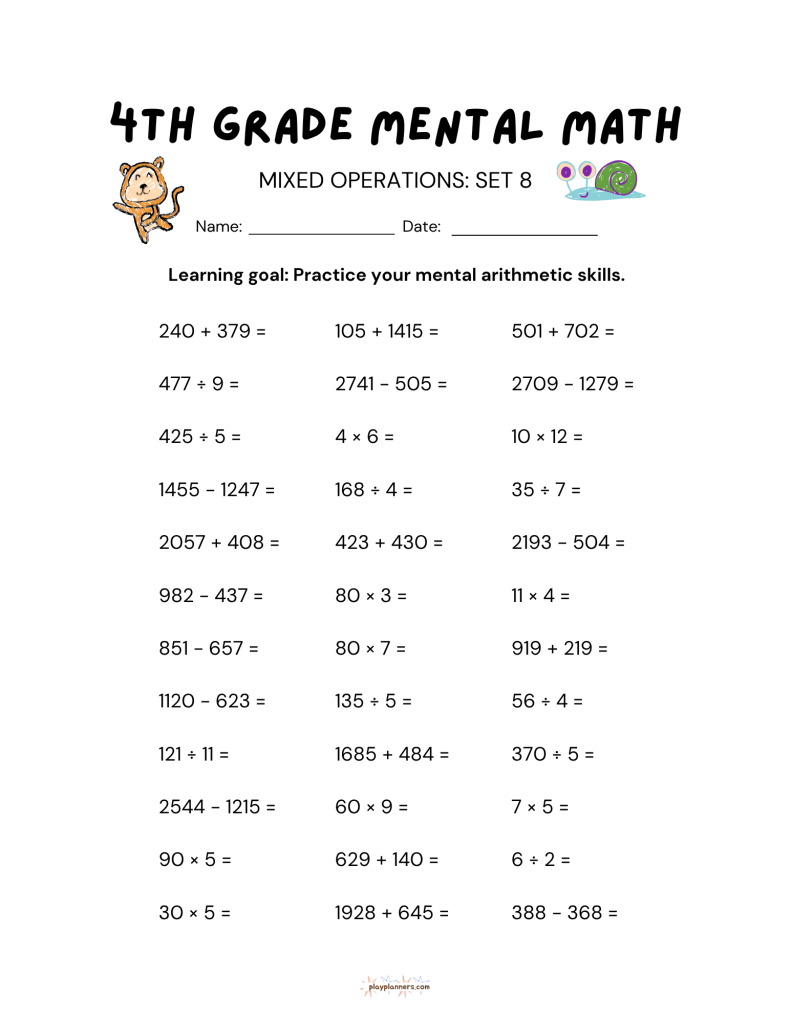 4th grade mental math worksheet, mixed operations set 8, printable practice page