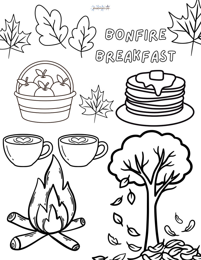 Fall Coloring Page - Bonfire Breakfast campfire illustration