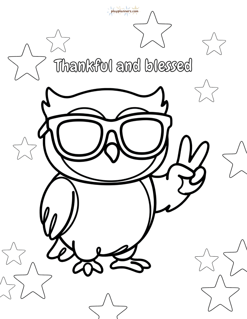 Non-scary Halloween coloring page - owl with peace sign illustration with 'Thankful and blessed' quote