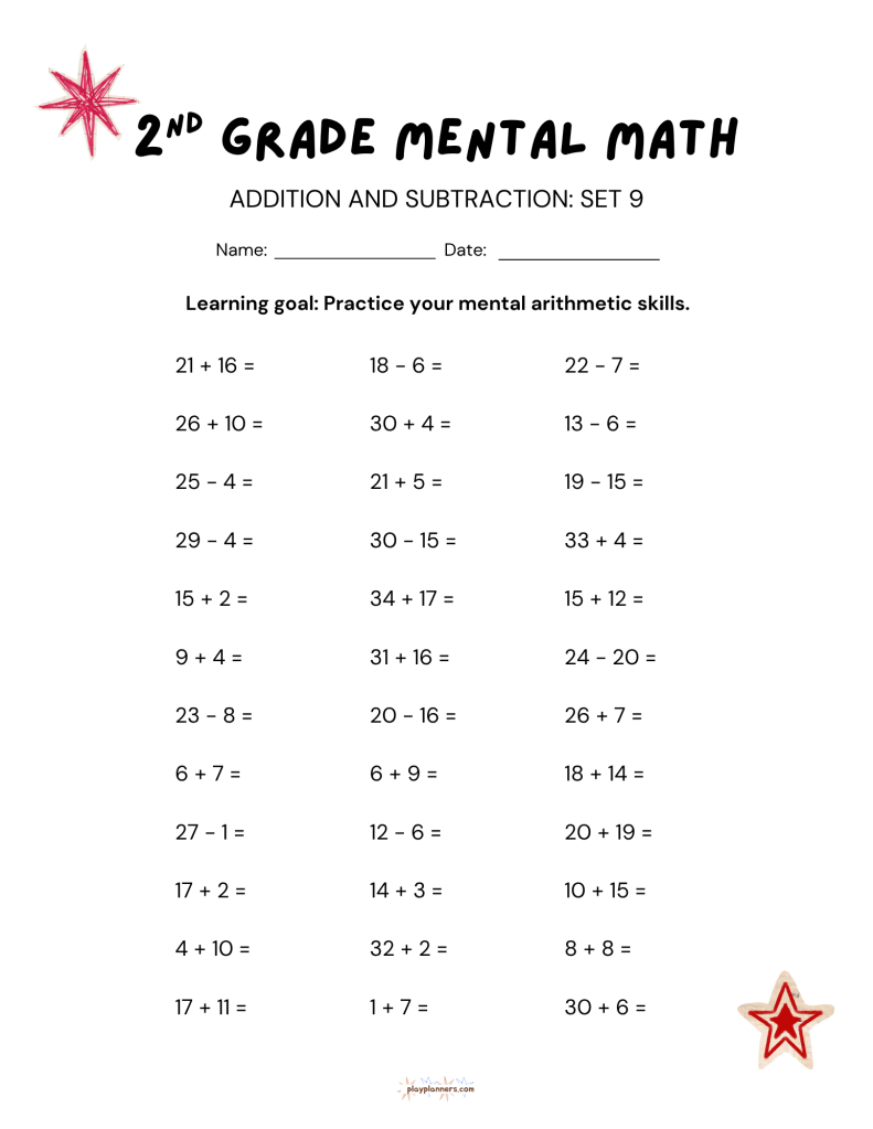 2nd Grade Mental Math Worksheets Addition and Subtraction - Set 9