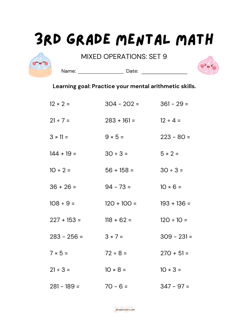 10 Free 3rd Grade Mental Math Worksheets Set 1 - Mixed Operations Set 9