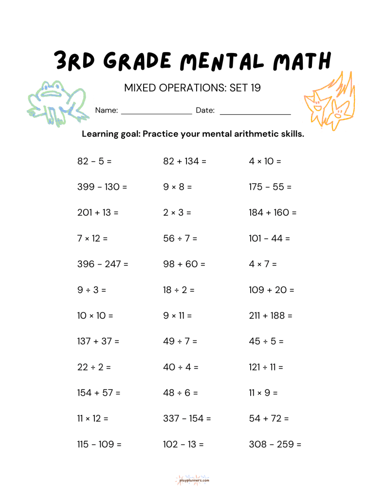 10 More 3rd Grade Mental Math Worksheets Set 2 - Mixed Operations Set 19