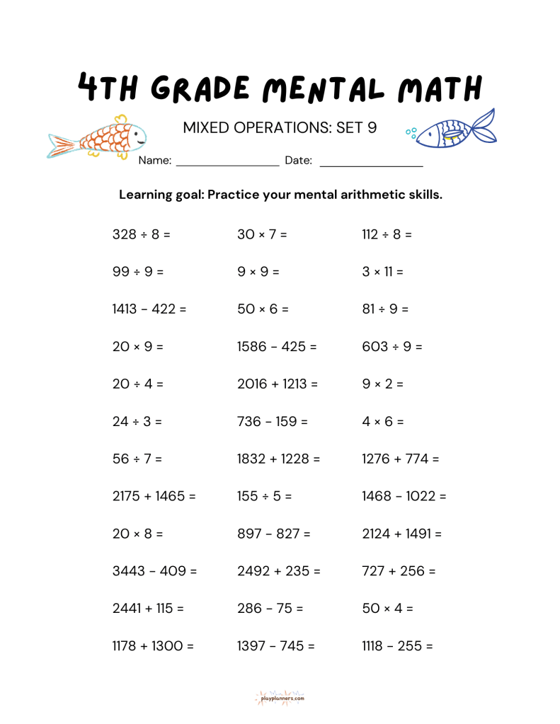 4th grade mental math worksheet, mixed operations set 9, printable practice page