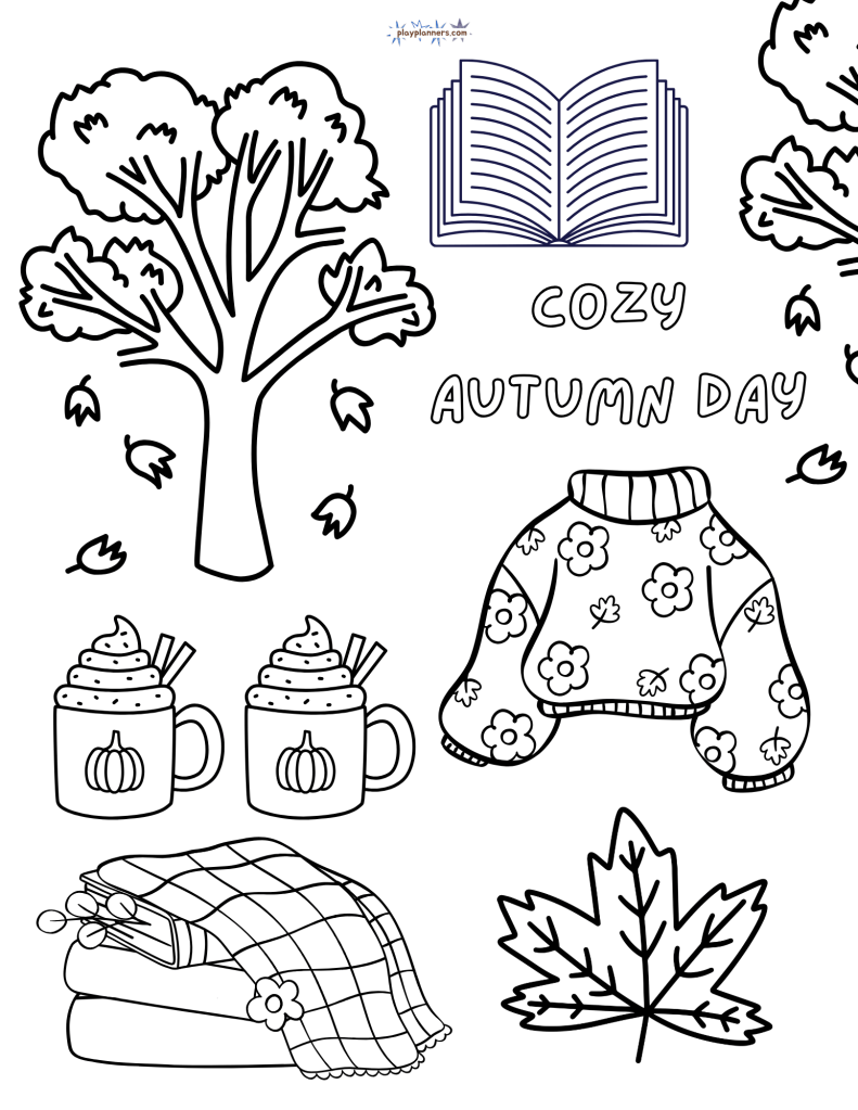 Fall Coloring Page - Cozy Autumn Day illustration with books and a blanket