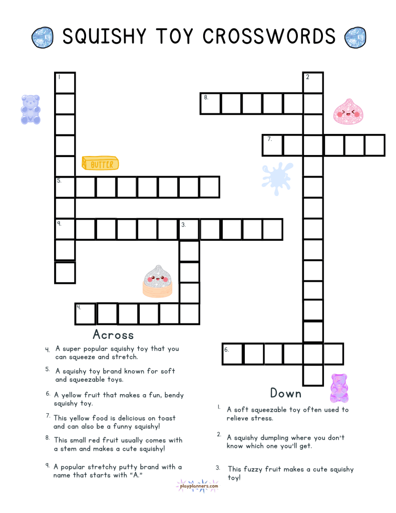 Squishy Toy Crossword Puzzle preview - free printable crossword page