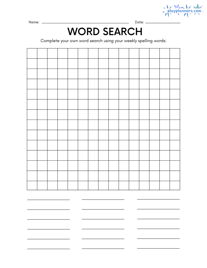Make Your Own Word Search Printable for Kids preview - blank word search grid template