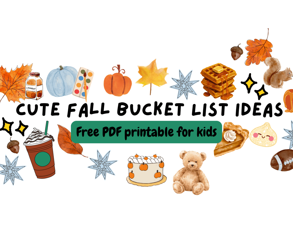 Free Fall Bucket List for Kids cover with a teddy bear and autumn leaves illustration