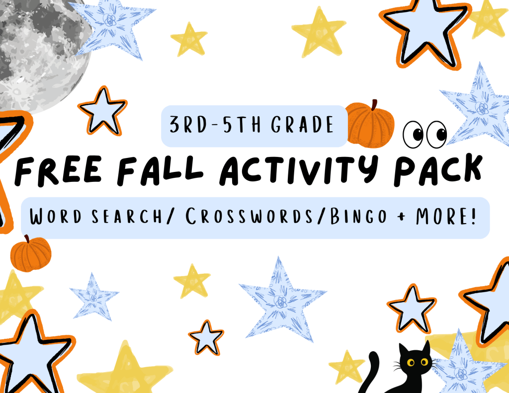 Free Fall Activity Pack for 3rd-5th Grade cover - word search, crossword, and bingo bundle with stars