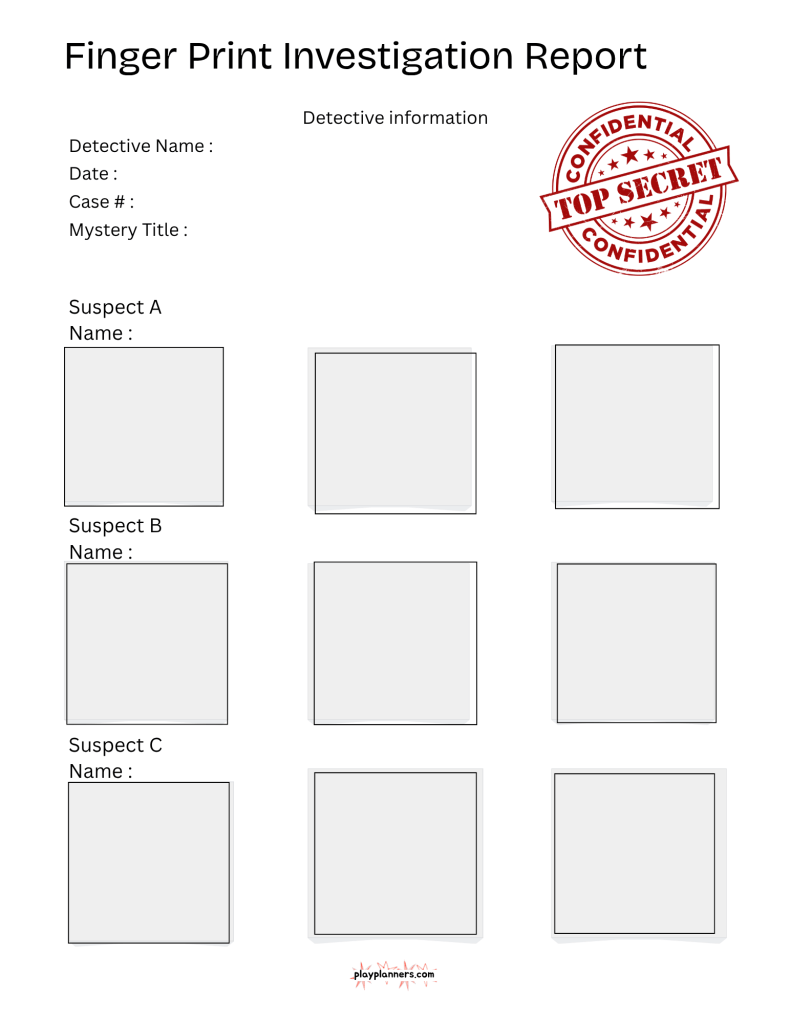 Free Fingerprint Investigation Printable for Kids preview - detective report worksheet